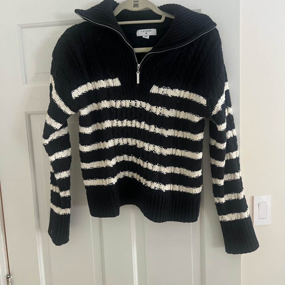La Ligne Black & White Striped Half-Zip Sweater